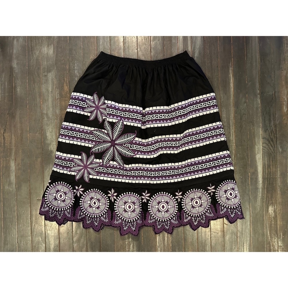 Embroidered A-Line Skirt Black Purple Floral Eyelet Scalloped Hem